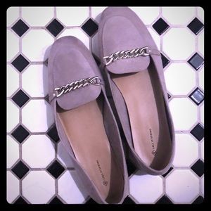 Purple loafers with silver chain, lightly worn